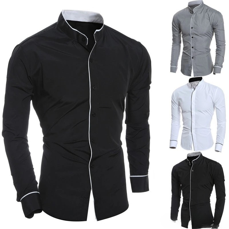 Men Slim Fit Solid Color Long  - Mandarin Collar Formal Shirt Slim Fit 评论和价格