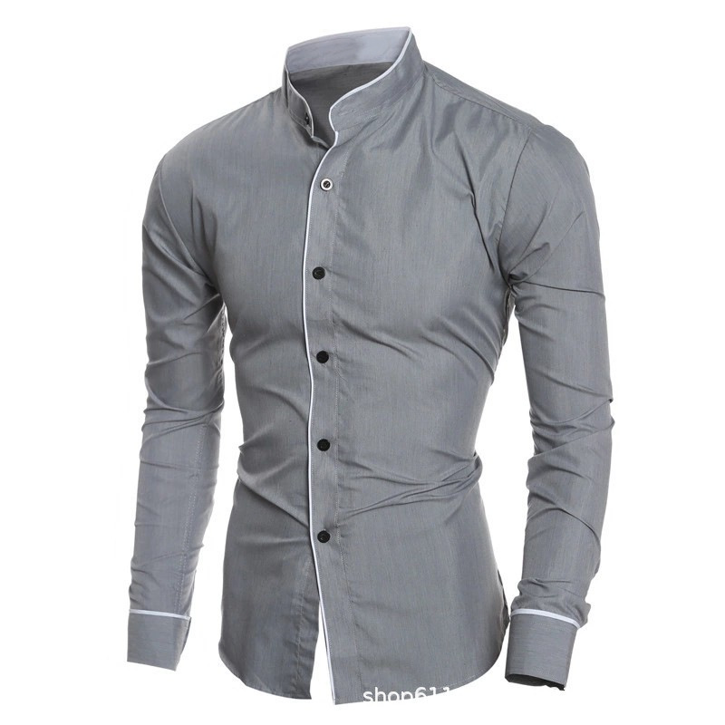 Men Slim Fit Solid Color Long  - Mandarin Collar Formal Shirt Slim Fit 评论和价格