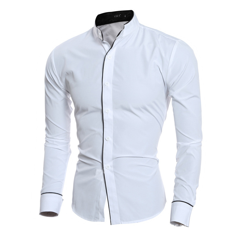Men Slim Fit Solid Color Long  - Mandarin Collar Formal Shirt Slim Fit 评论和价格