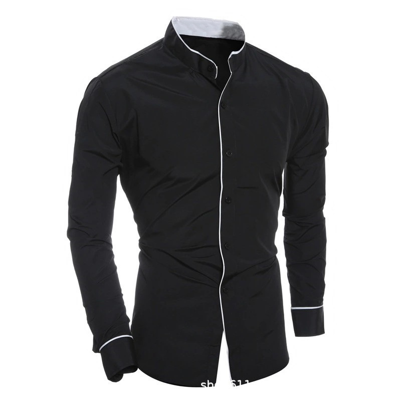 Men Slim Fit Solid Color Long  - Mandarin Collar Formal Shirt Slim Fit 评论和价格