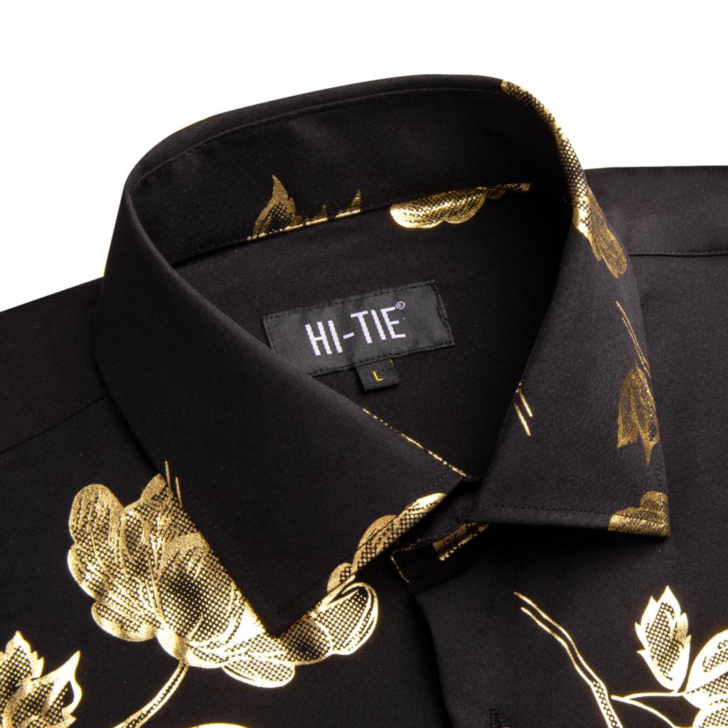 Hi-Tie Black Gold Silk Mens Sh - Mens Satin Silk Dress Shirt 评论和价格