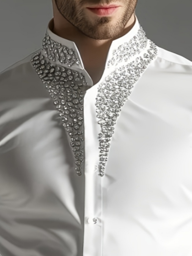 Luxury Rhinestone Shirt for Me - Mandarin Collar Formal Shirt Slim Fit 评论和价格