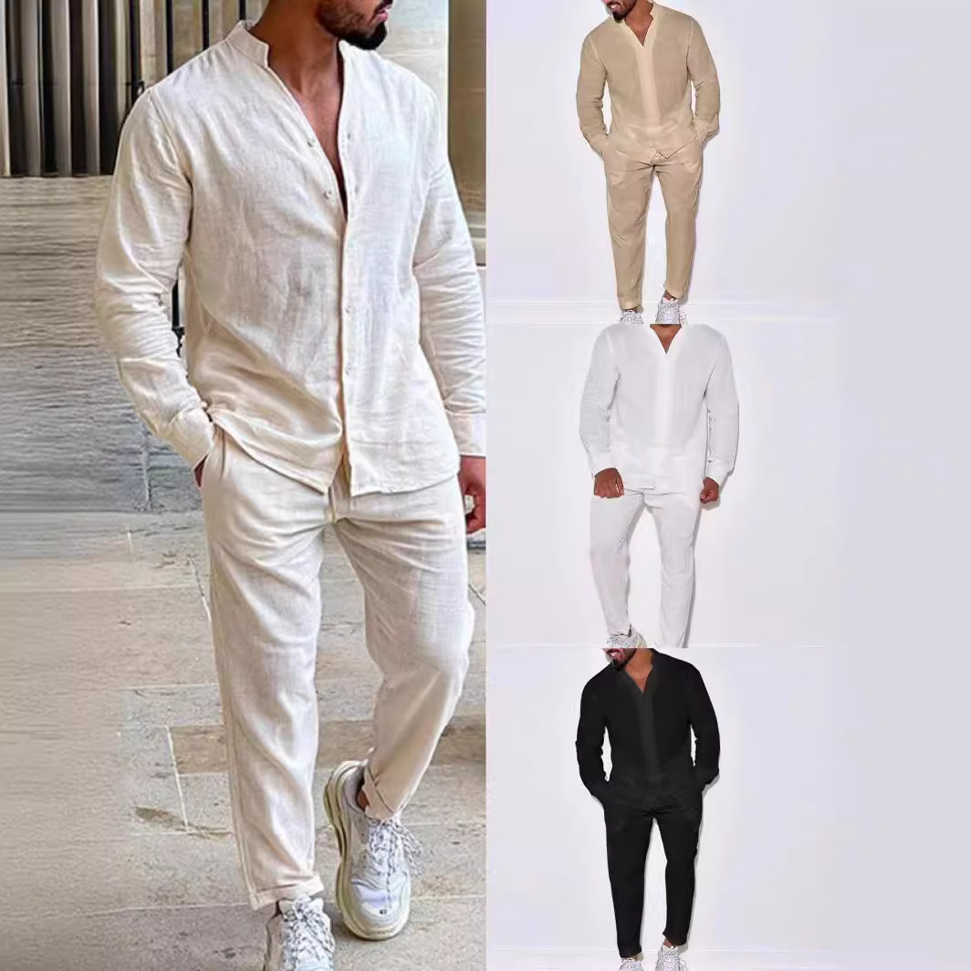 Mens Sets Linen Spring Autumn  - Mens Linen Shirt Long Sleeve 评论和价格