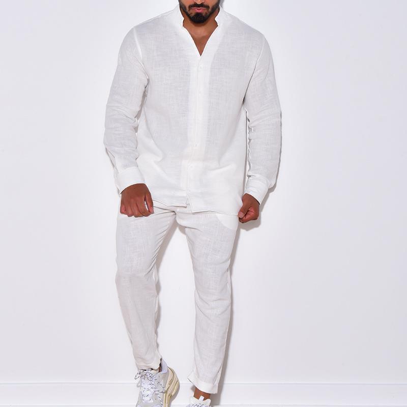 Mens Sets Linen Spring Autumn  - Mens Linen Shirt Long Sleeve 评论和价格