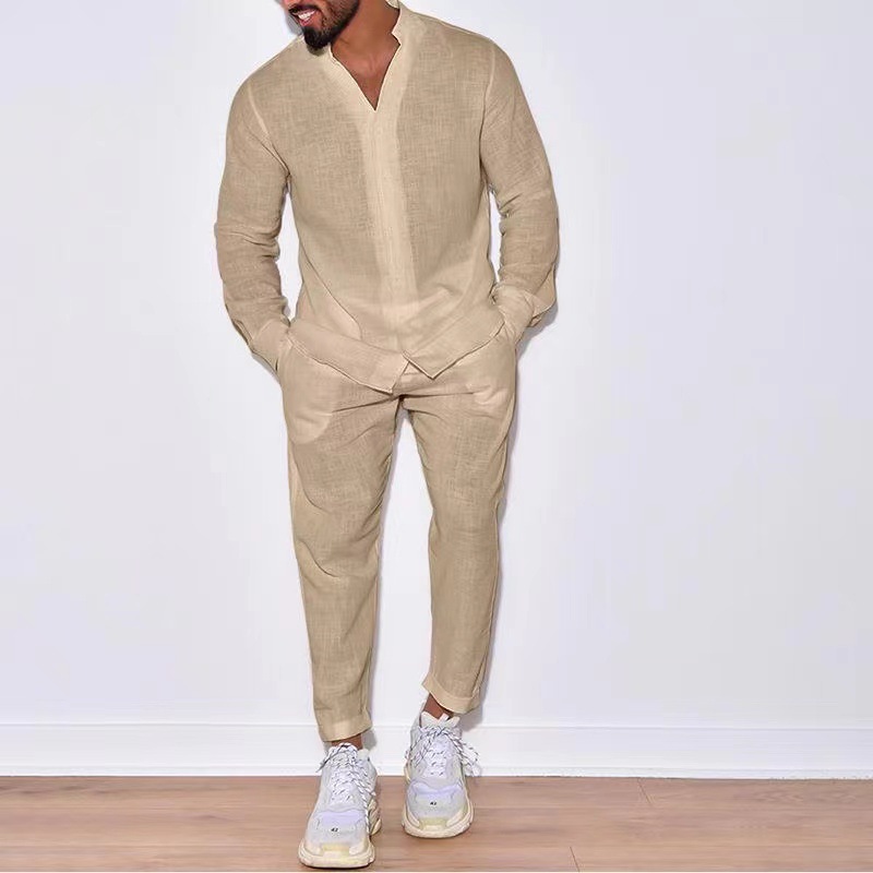 Mens Sets Linen Spring Autumn  - Mens Linen Shirt Long Sleeve 评论和价格