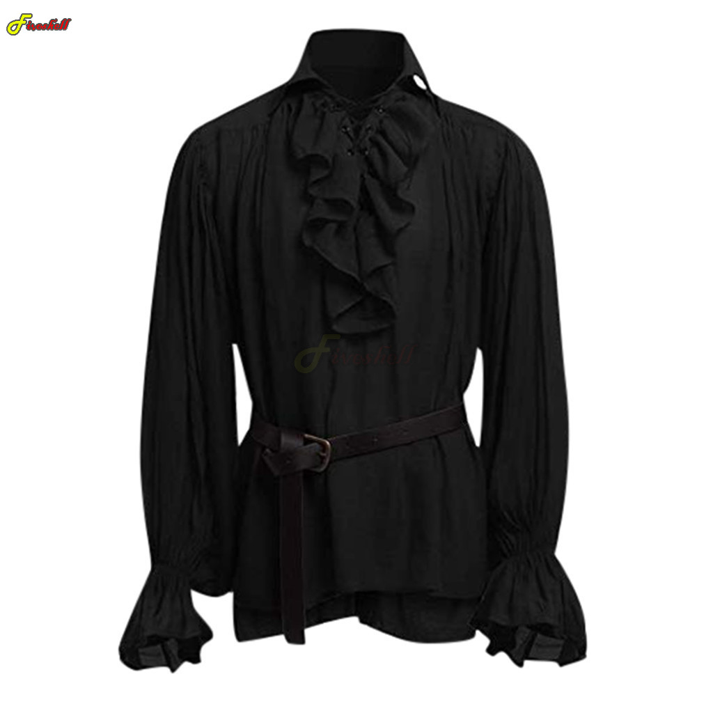 Mens Halloween Lace Up Pirate  - Medieval Gothic Lace Up Pirate Shirt 评论和价格