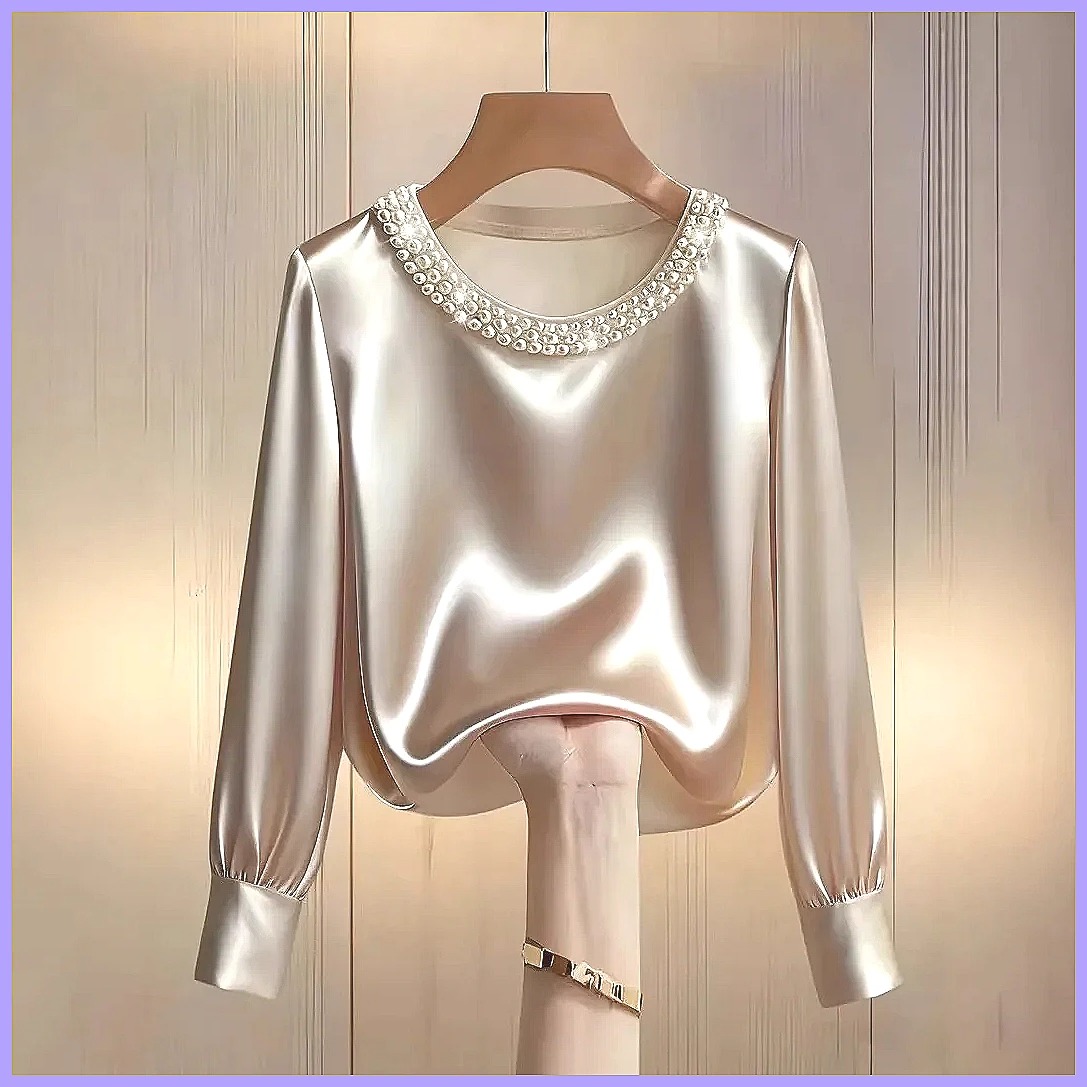 Elegant Beaded Satin Blouse fo - Shirts 评论和价格