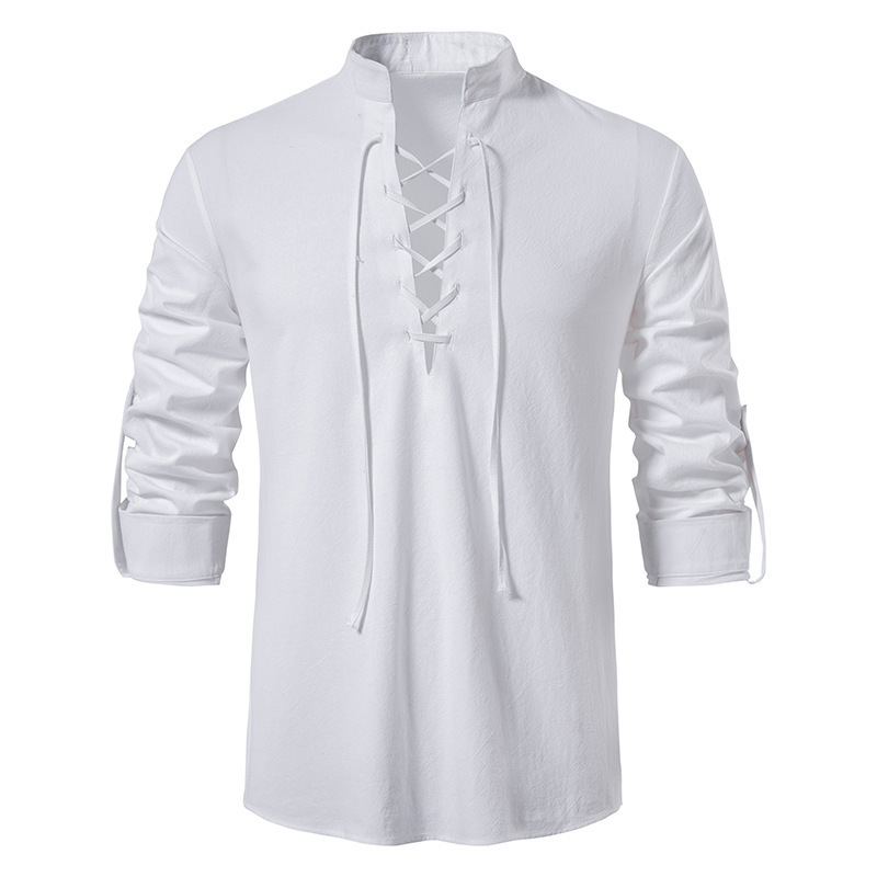 Men's Medieval Lace Up Cotton  - Mens Linen Shirt Long Sleeve 评论和价格