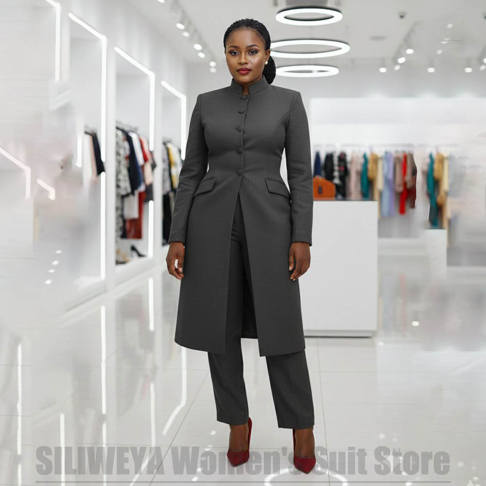 Women's Two Piece Suit Chic Ma - Mandarin Collar Formal Shirt Slim Fit 评论和价格