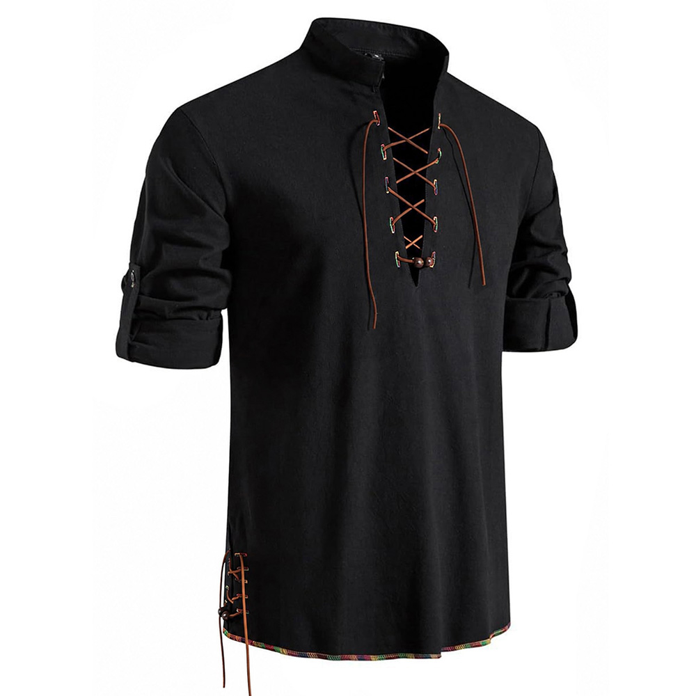 Men's Henley Neck Medieval Shi - Medieval Gothic Lace Up Pirate Shirt 评论和价格