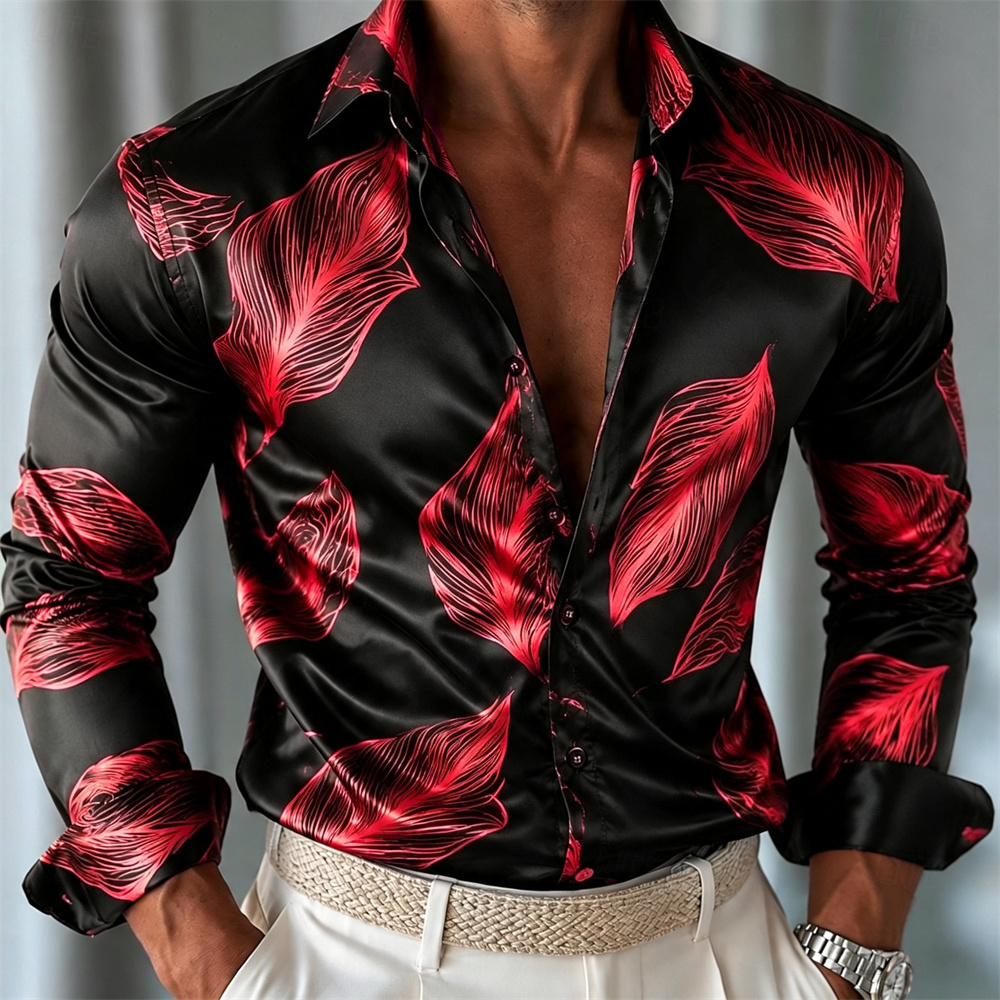 Men's Leaf Pattern Satin Shirt - Mens Satin Silk Dress Shirt 评论和价格