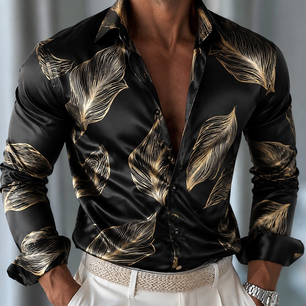 Men's Leaf Pattern Satin Shirt - Mens Satin Silk Dress Shirt 评论和价格