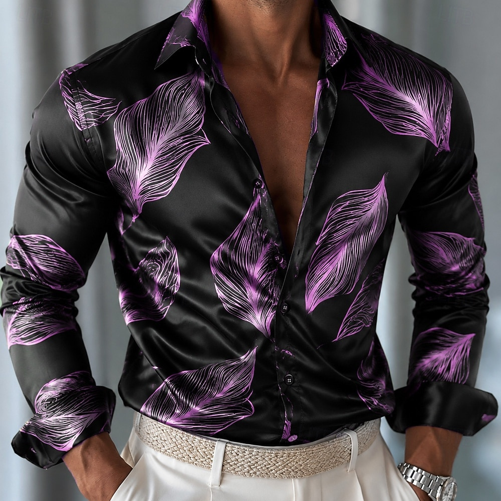 Men's Leaf Pattern Satin Shirt - Mens Satin Silk Dress Shirt 评论和价格