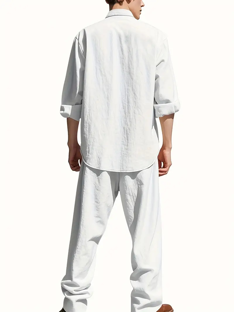 Men's White Linen Suit Set Lon - Mens Linen Shirt Long Sleeve 评论和价格