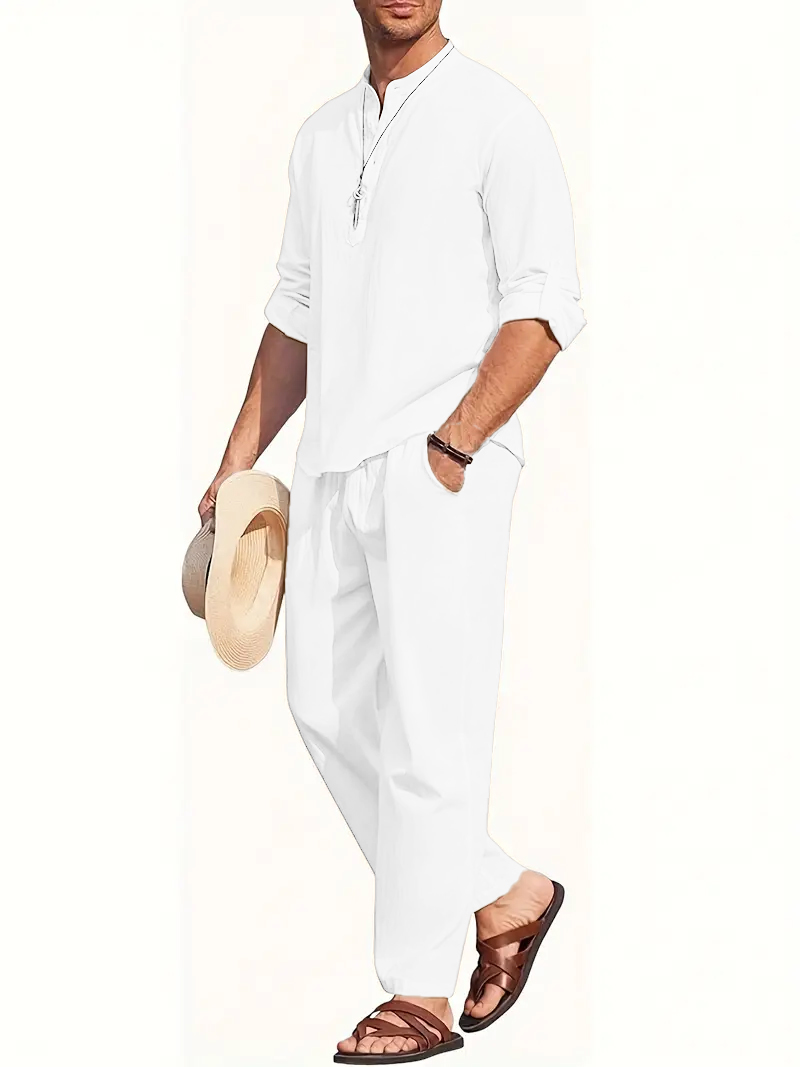 Men's White Linen Suit Set Lon - Mens Linen Shirt Long Sleeve 评论和价格