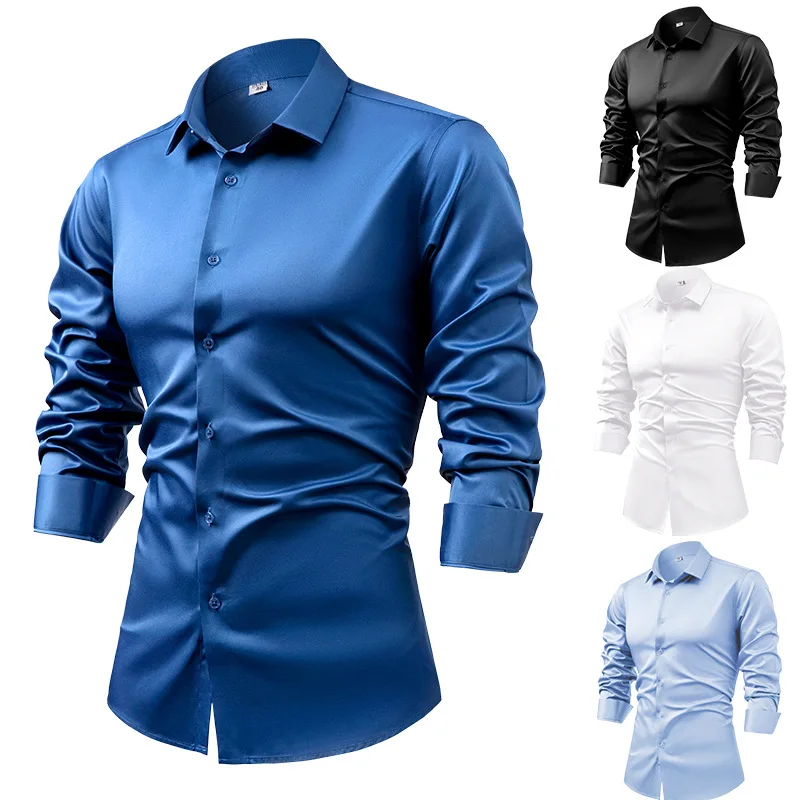 2025 Spring Autumn Royal Blue  - Mens Satin Silk Dress Shirt 评论和价格
