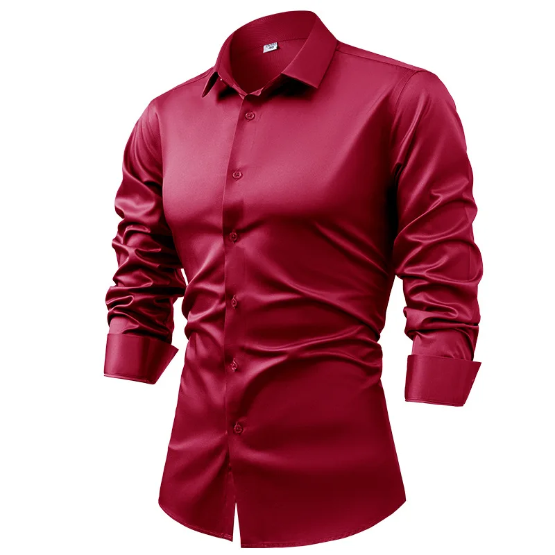 2025 Spring Autumn Royal Blue  - Mens Satin Silk Dress Shirt 评论和价格