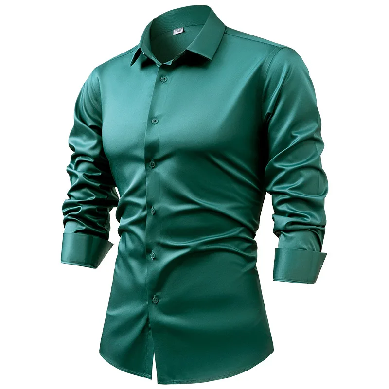 2025 Spring Autumn Royal Blue  - Mens Satin Silk Dress Shirt 评论和价格