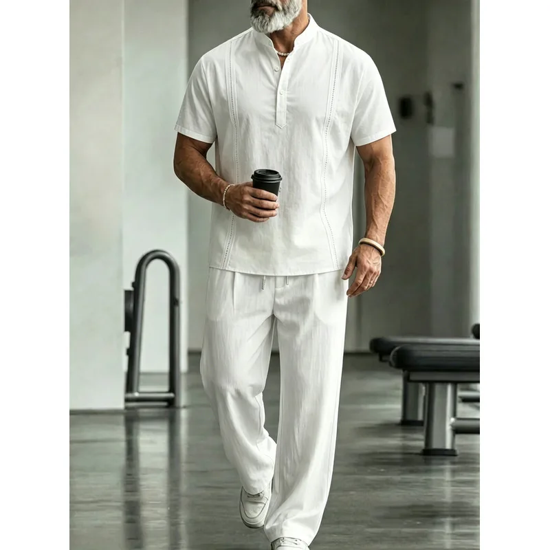 Men's Linen Casual 2-Piece Set - Mens Linen Shirt Long Sleeve 评论和价格