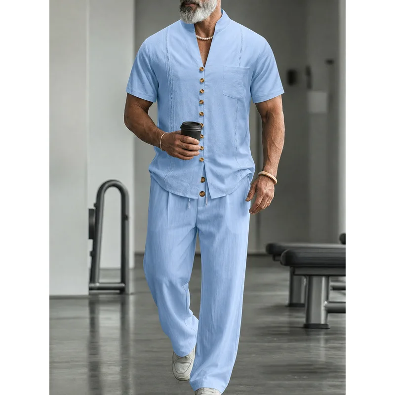 Men's Linen Casual 2-Piece Set - Mens Linen Shirt Long Sleeve 评论和价格