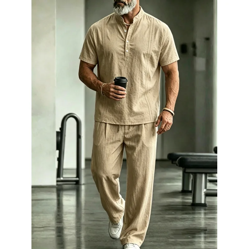 Men's Linen Casual 2-Piece Set - Mens Linen Shirt Long Sleeve 评论和价格