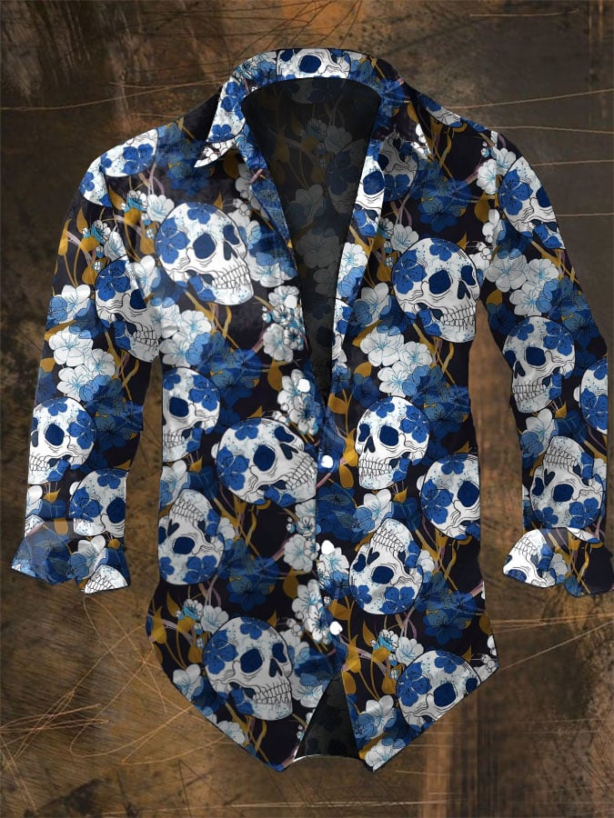 Halloween Men's Dark Skull Pri - Vintage Hawaiian Floral Shirt 评论和价格