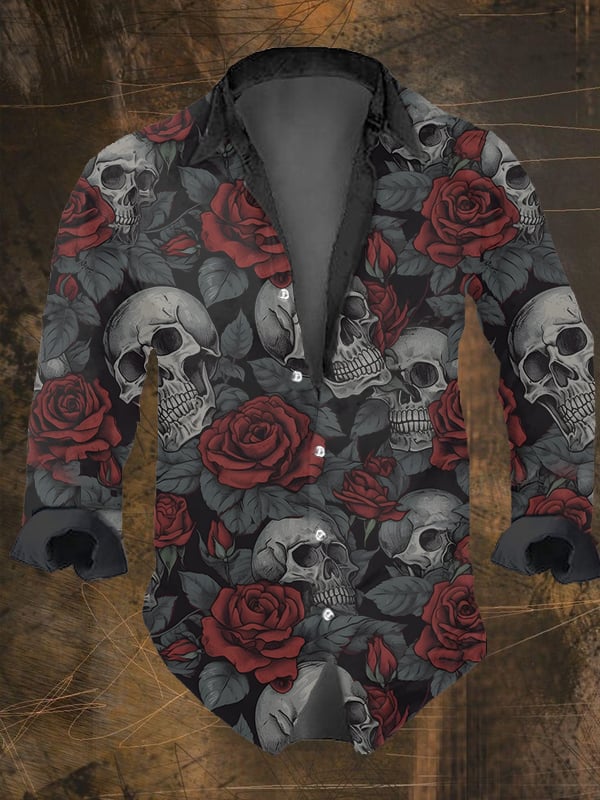 Halloween Men's Dark Skull Pri - Vintage Hawaiian Floral Shirt 评论和价格