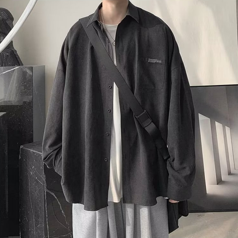 Korean Fashion Black Long Slee - Corduroy Button Up Shirt Men 评论和价格