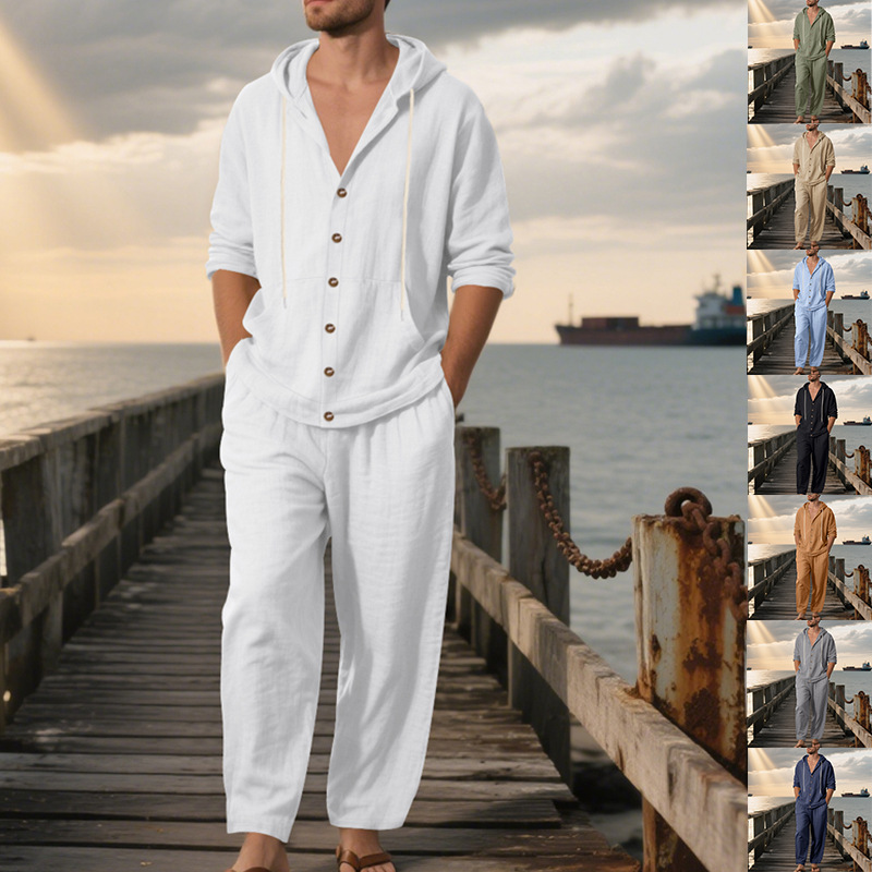 Summer Men's American Loose Li - Mens Linen Shirt Long Sleeve 评论和价格