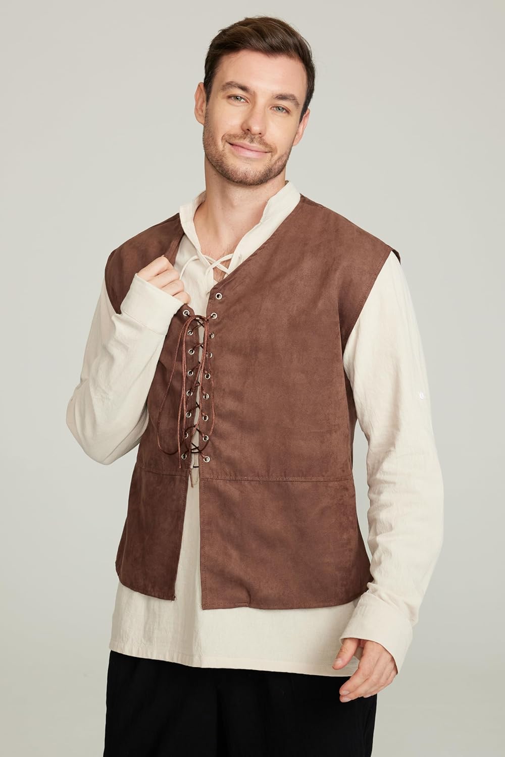 2-piece Set Men's Medieval Pir - Medieval Gothic Lace Up Pirate Shirt 评论和价格