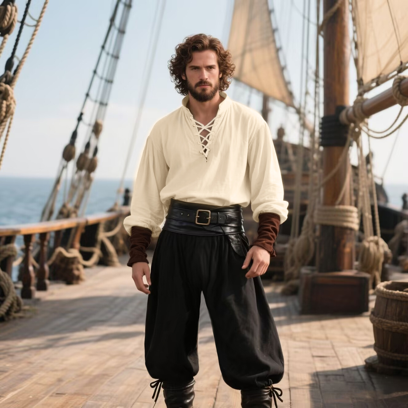 Men's Medieval Renaissance LAR - Medieval Gothic Lace Up Pirate Shirt 评论和价格