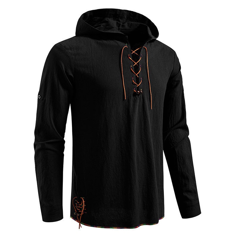Men's Long Sleeve Hooded T-shi - Medieval Gothic Lace Up Pirate Shirt 评论和价格