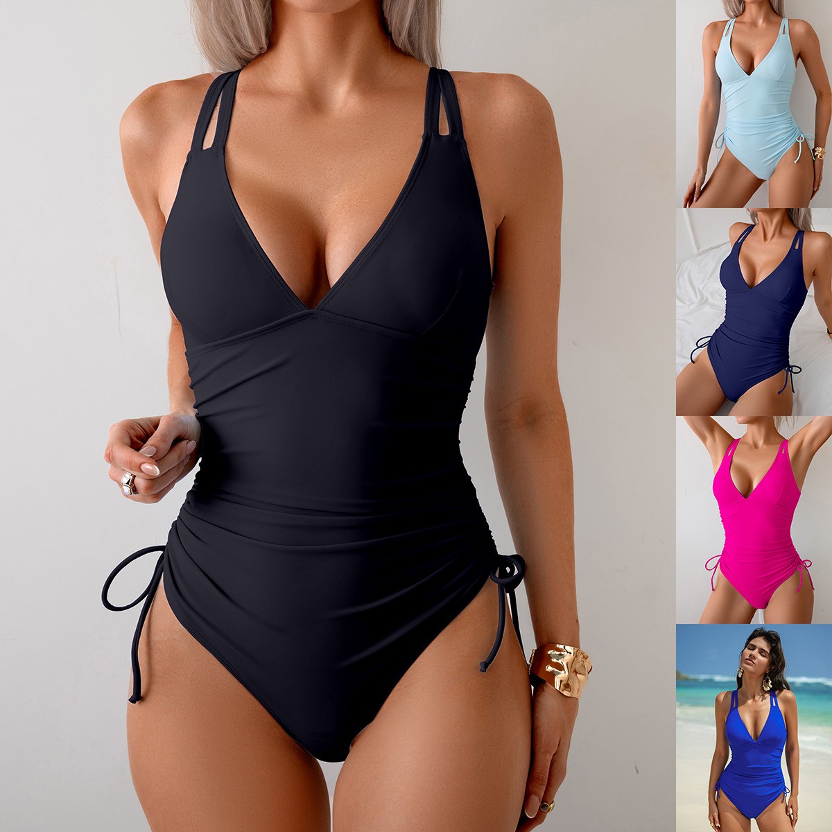 Solid Black Swimsuit V Neck Ru - Suits 评论和价格