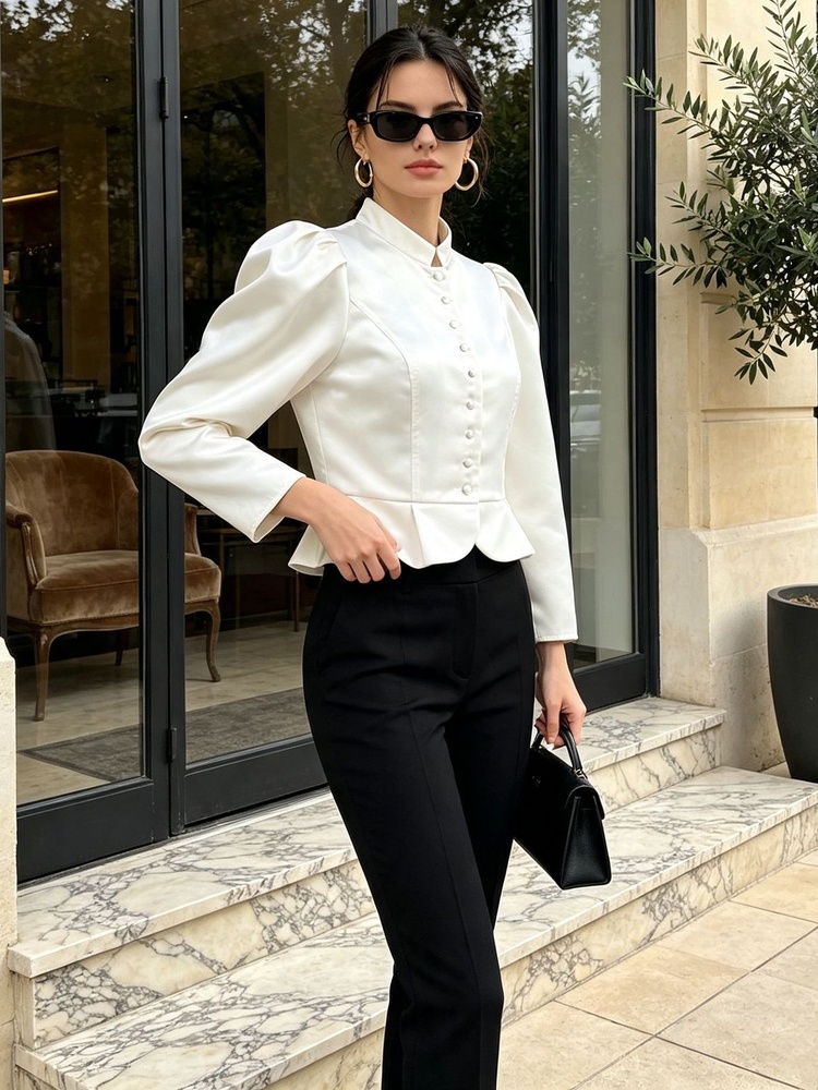 Peplum Blouse Long Sleeve Puff - Mandarin Collar Formal Shirt Slim Fit 评论和价格