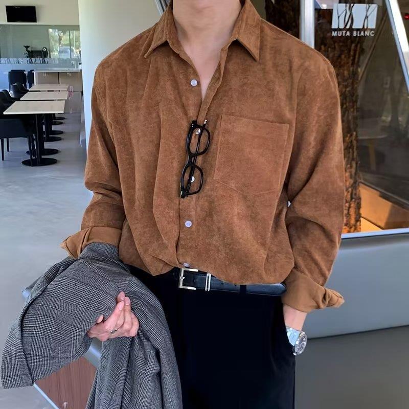 Men Corduroy Long Sleeve Black - Corduroy Button Up Shirt Men 评论和价格