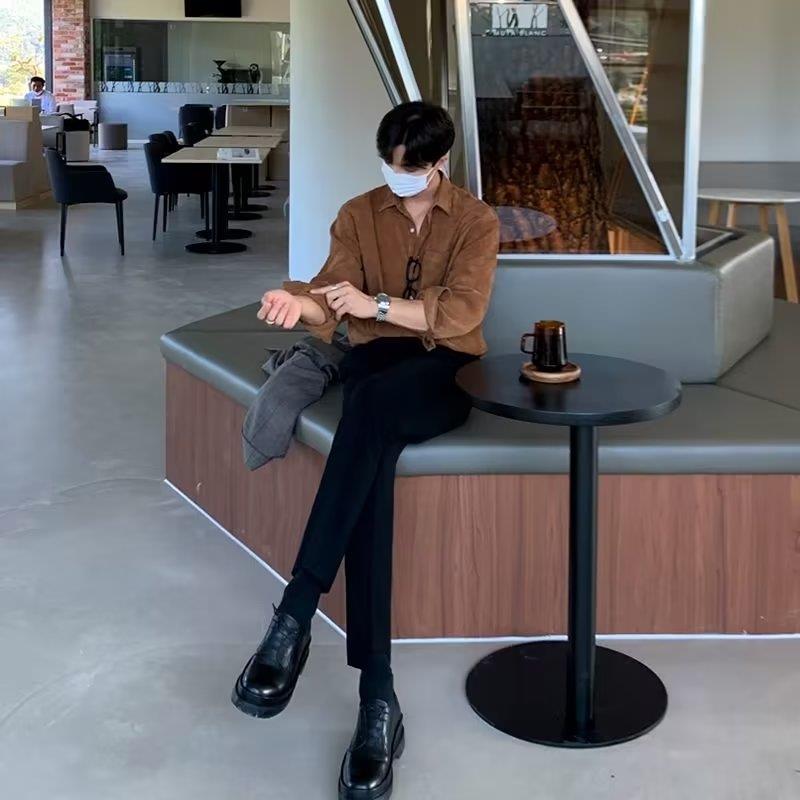 Men Corduroy Long Sleeve Black - Corduroy Button Up Shirt Men 评论和价格