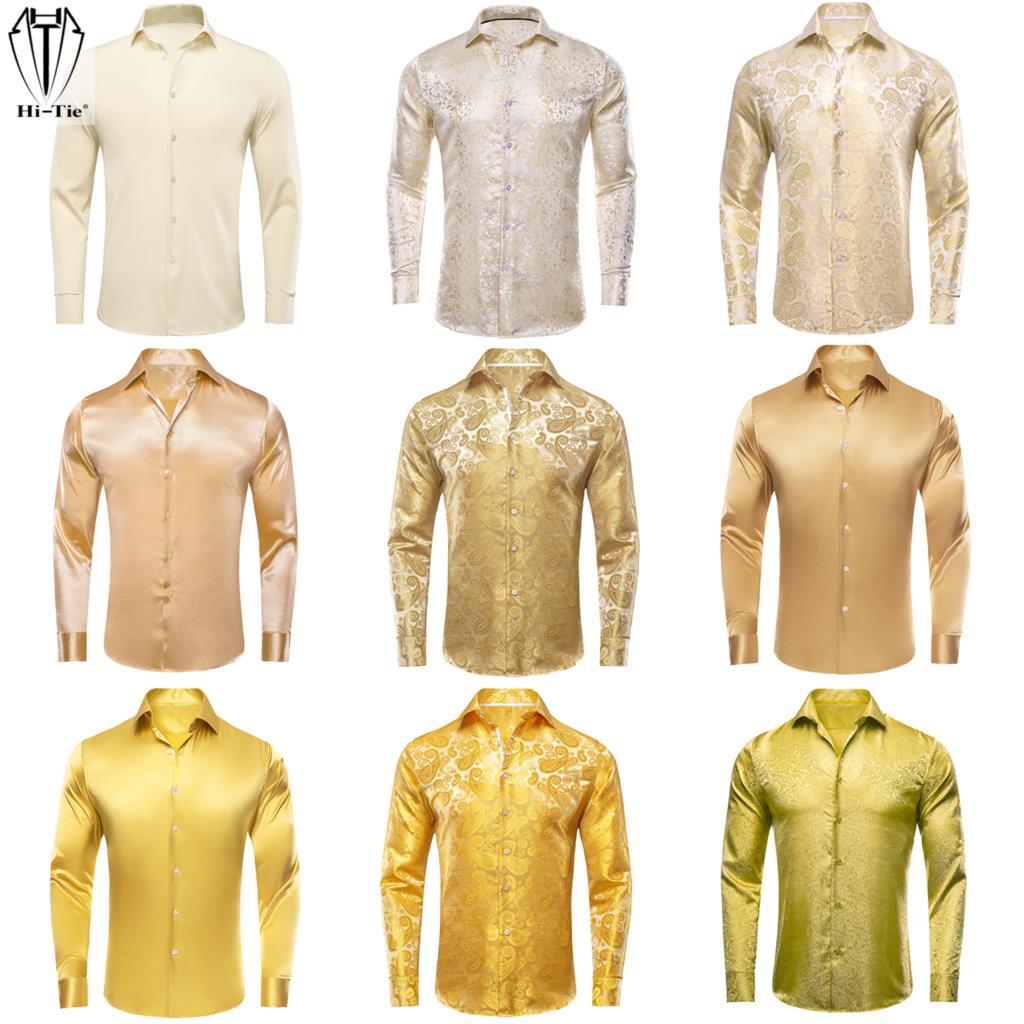 Hi-Tie Gold Beige Ivory Champa - Mens Satin Silk Dress Shirt 评论和价格