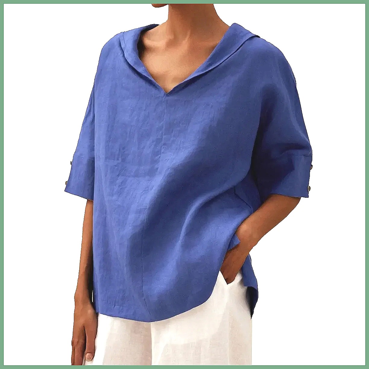 Women's Loose V-Neck Cotton Li - Shirts 评论和价格