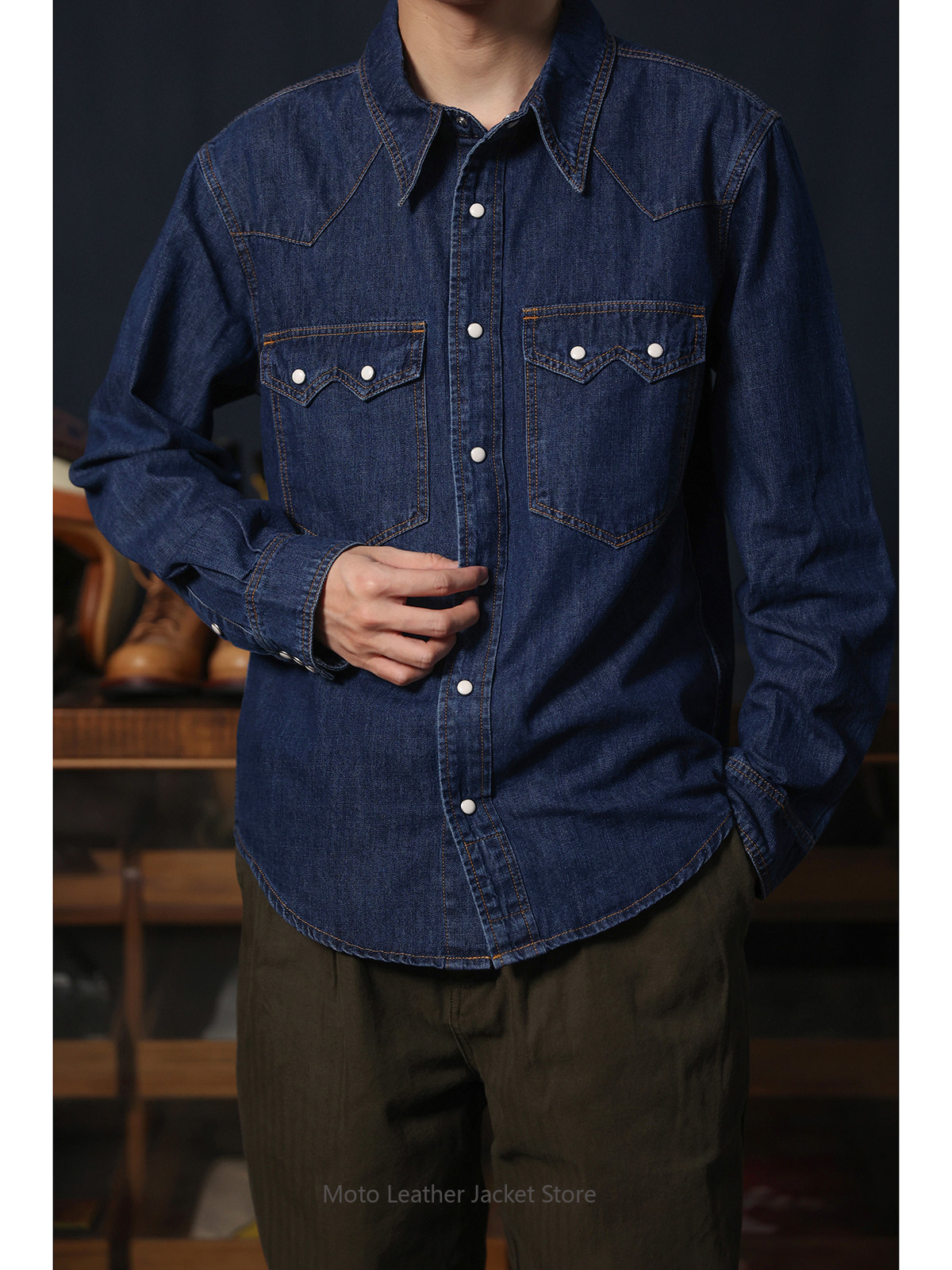 American Retro Western Denim S - Mens Western Denim Pearl Snap Shirt 评论和价格