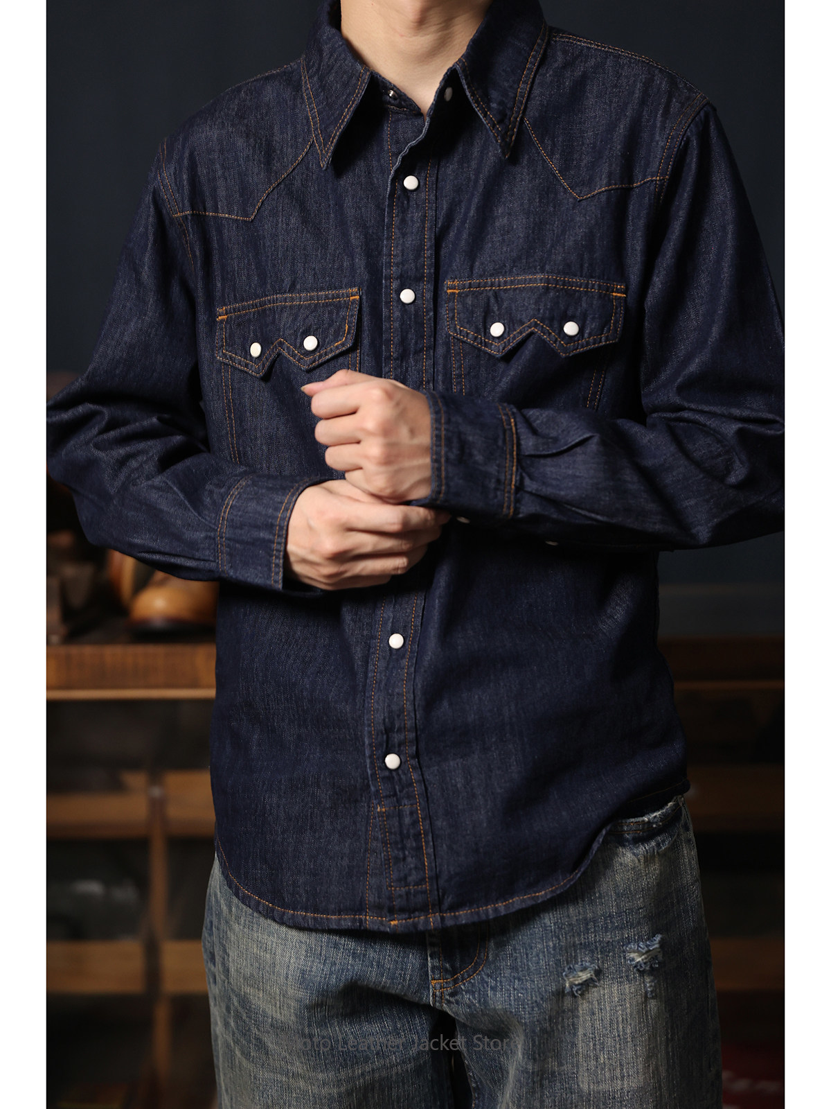 American Retro Western Denim S - Mens Western Denim Pearl Snap Shirt 评论和价格
