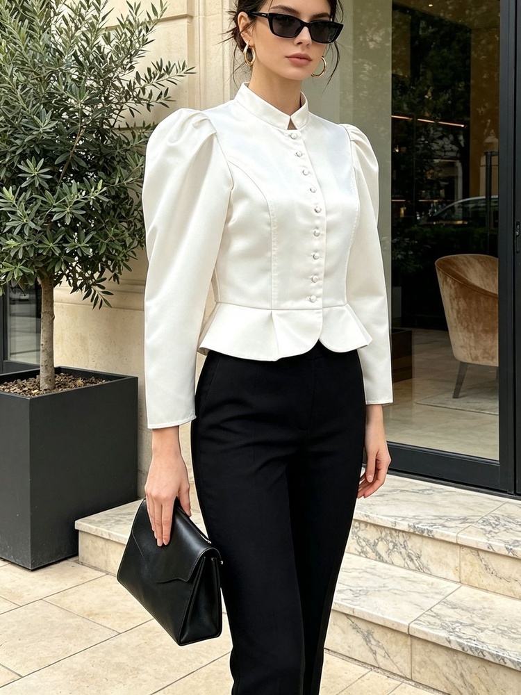 Tossy Peplum Blouse Long Sleev - Mandarin Collar Formal Shirt Slim Fit 评论和价格