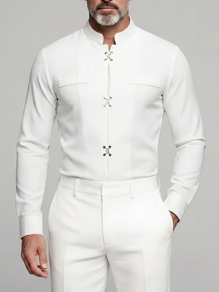 Luxury Men Mandarin Stand Coll - Mandarin Collar Formal Shirt Slim Fit 评论和价格