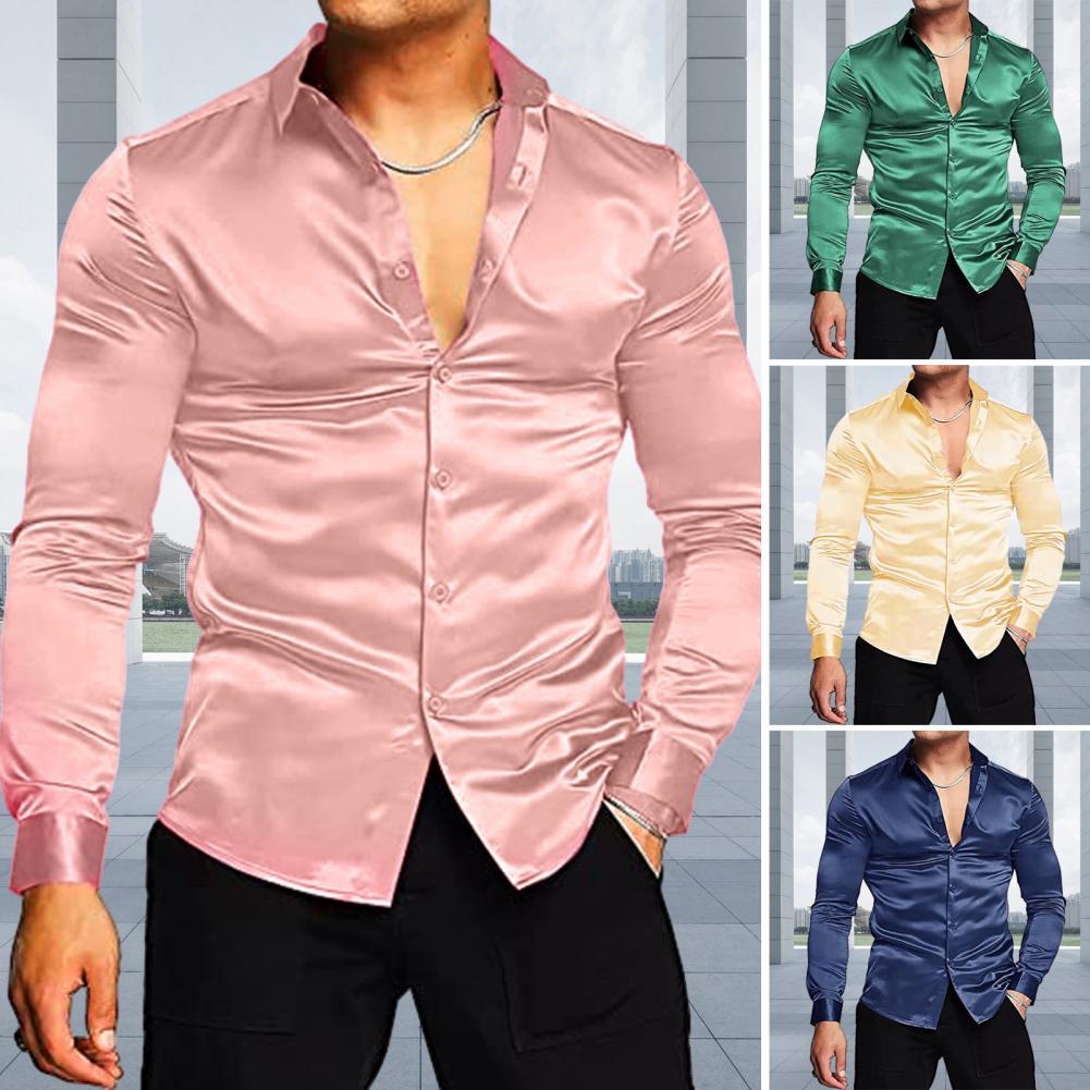 Stylish Men Shiny Silk Like Sa - Mens Satin Silk Dress Shirt 评论和价格